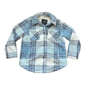 Hollister Women's Plaid Button Front Teddy Fleece Jacket Shacket‎ M Blue Sherpa